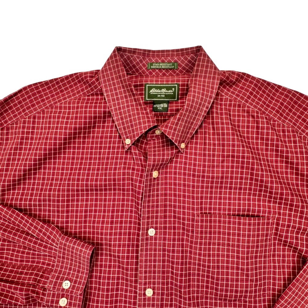 Eddie Bauer Mens XXL Red Grid Cotton Button Down Shirt Stain Wrinkle Resistant